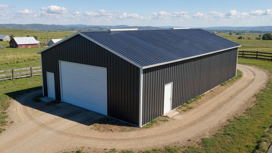 large farm storage barn in black with roll up doors on each end