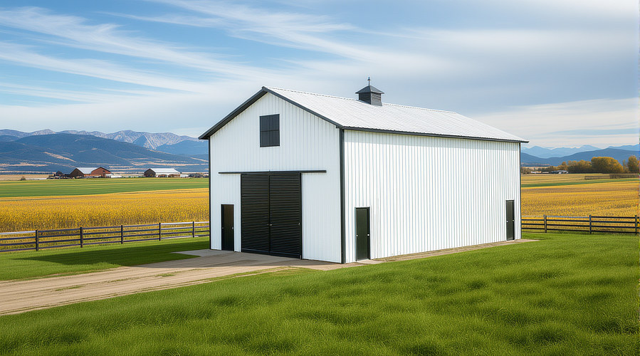 rustic barn in white and black with large sliding doors and roof cupola