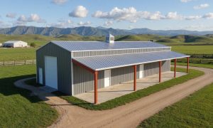1800 square foot barn with lean to in gray and white