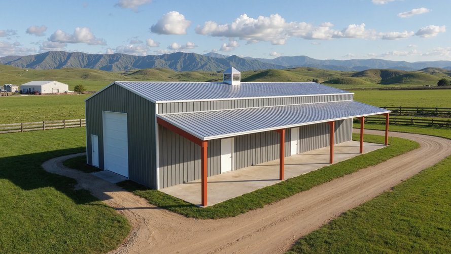 1800 square foot barn with lean to in gray and white