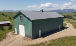 Barn with hay loft in green with gray trim