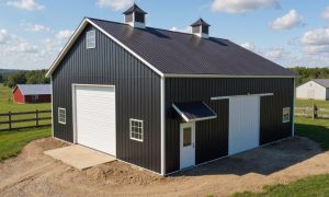 small black and white barn with two roof cupolas