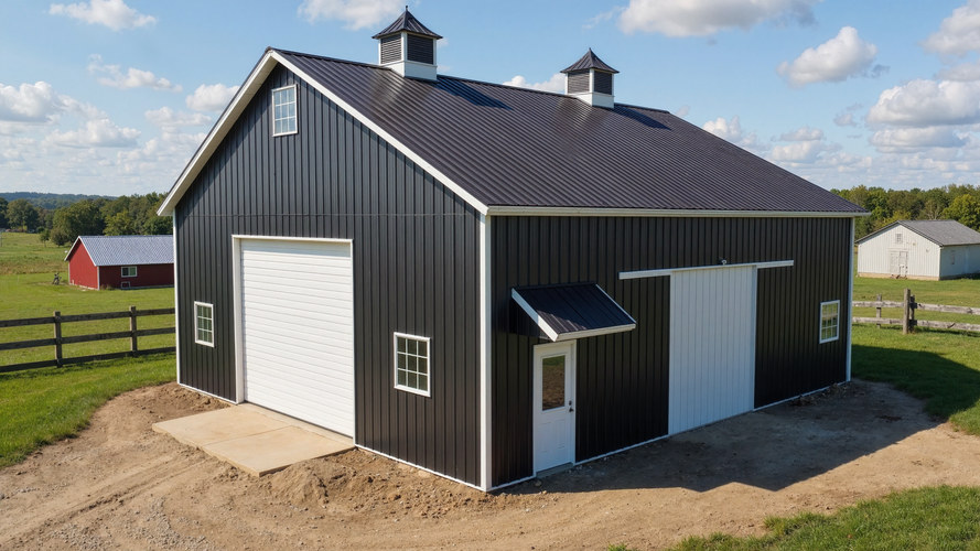 small black and white barn with two roof cupolas