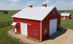 Small feed storage barn in red and white