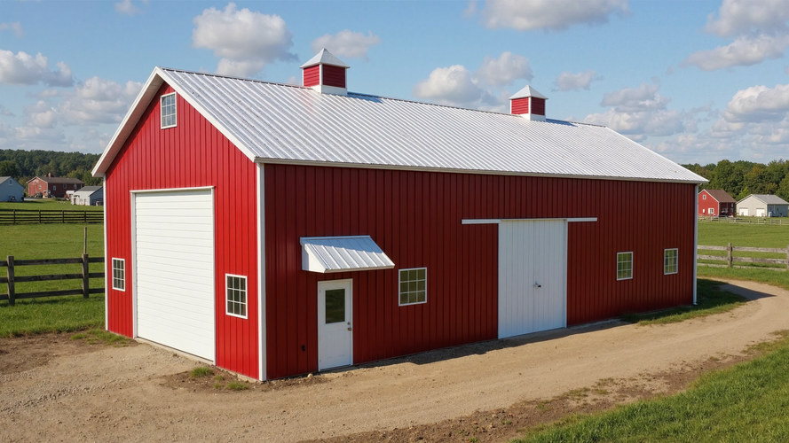 small red and white steel barn with large overhead door and sliding doors