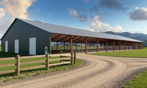 large commercial cow barn with open sides and stalls
