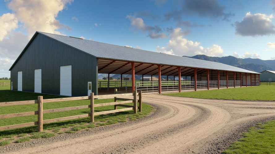 large commercial cow barn with open sides and stalls