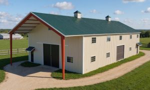 Modern barn with loft space and roof overhang