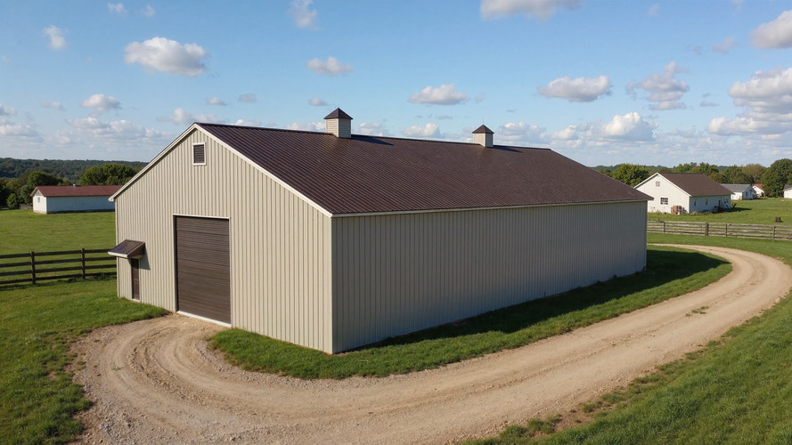 Prefab drive-through barn building in beige and brown