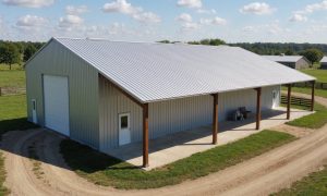 Farm machinery shed with attached lean to storage