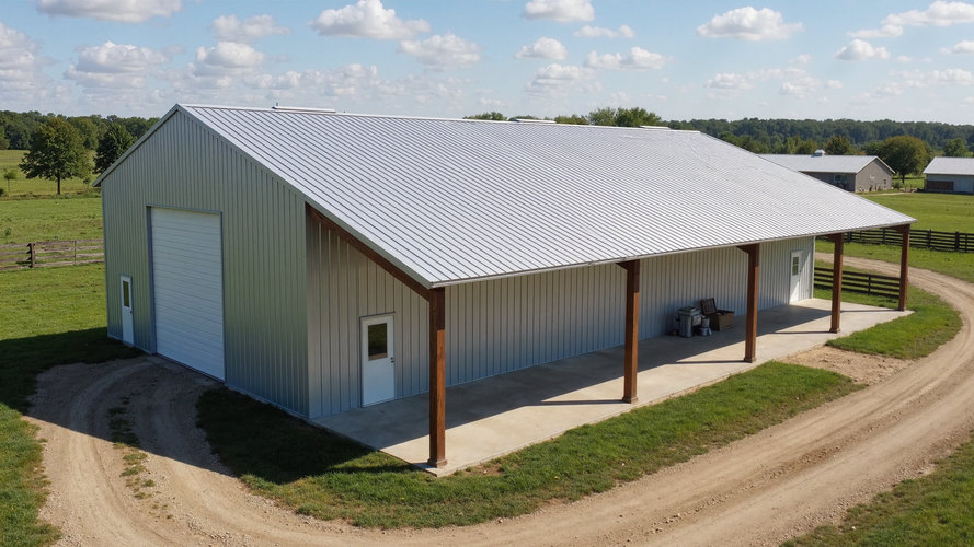 Farm machinery shed with attached lean to storage