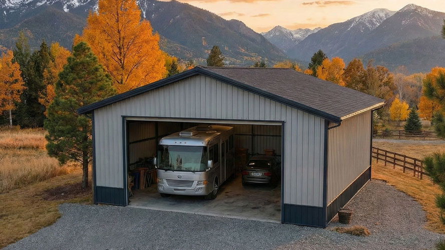An aerial shot of an RV storage shed with one bay in gray and black
