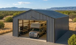 A low anglel shot of a double wide camper garage in gray