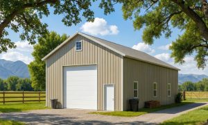 Modern metal RV shed with workshop space, one large overhead door and several windows