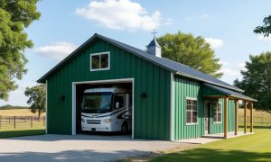 Simple RV barn with covered porch, cupola in classic green and white