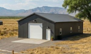 Metal RV shed in charcoal gray and white