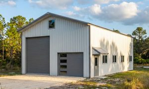 Large metal garage with rv bay and car bay