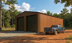 A low angle shot of a two bay 5th wheel garage in two tone brown