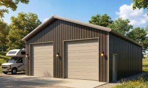 Low angle shot of a garage for a class C motorhome in brown and beige with two bays