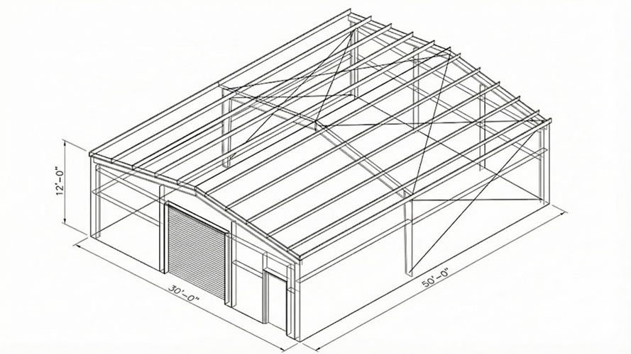 CAD engineering drawing of a 30x50x12 steel building