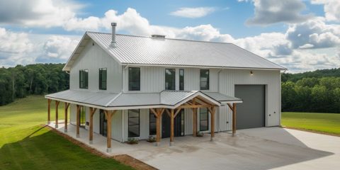 Three bedroom barndominium with wrap around porch in white