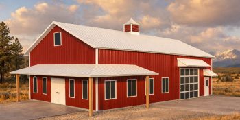 Small barndominium with garage in red and white