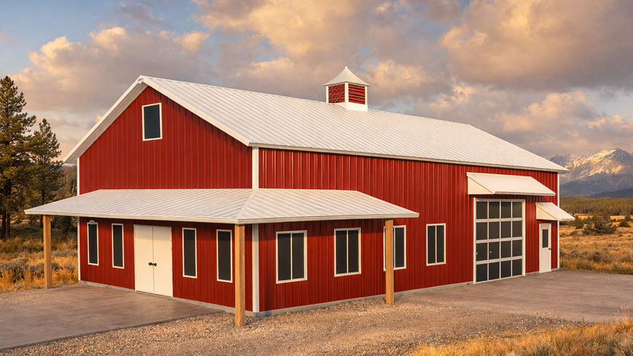 Small barndominium with garage in red and white