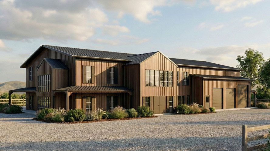 10,000 sq ft barndominium in brown and black