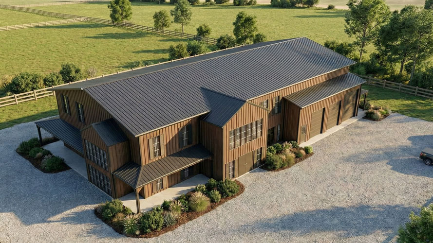 Aerial shot of a large 10,000 square foot barndominium home