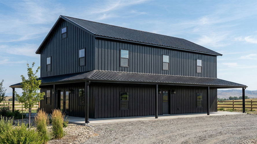 Black on black barndominium with wrap around deck