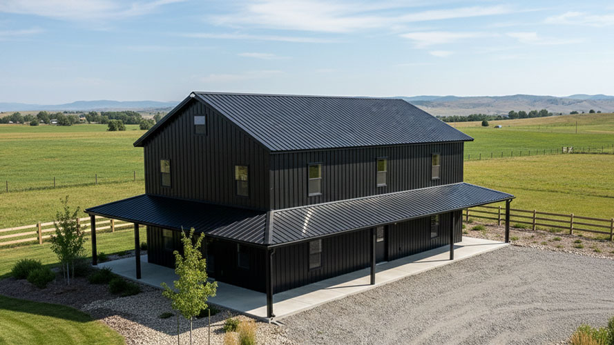 Aerial shot of a Black on black barndominium with wrap around deck