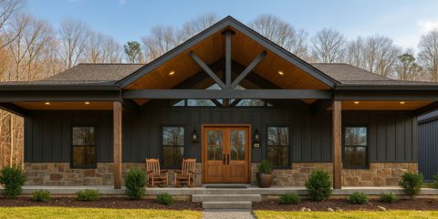 Modern black barndominium with wood porch and brick wainscot