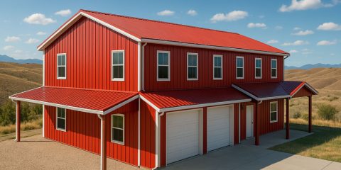 Two story red metal home