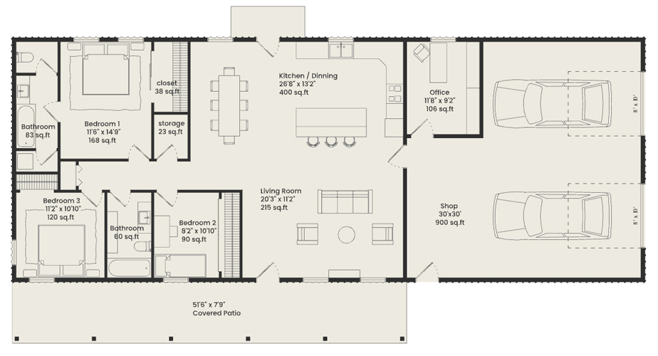 A 3 bedroom barndominium floor plan with great room, office and 2-car garage