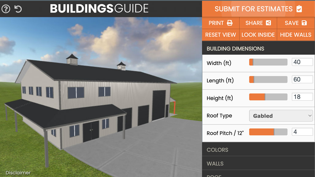 Interface for 3D barndominium builder software