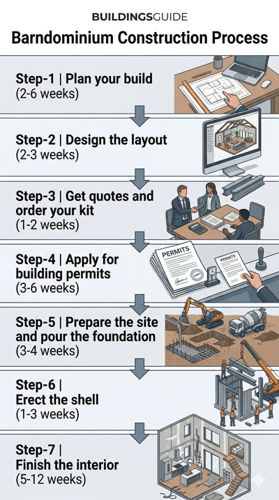 Infographic illustration of the seven step process for constructing a new barndominium