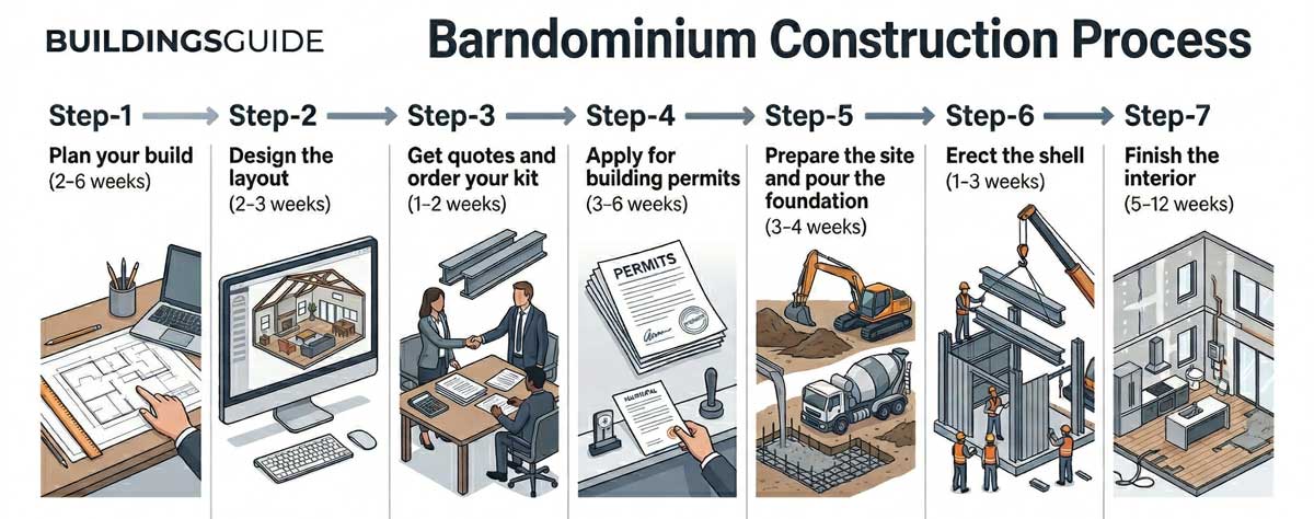 Infographic illustration of the seven step process for constructing a new barndominium