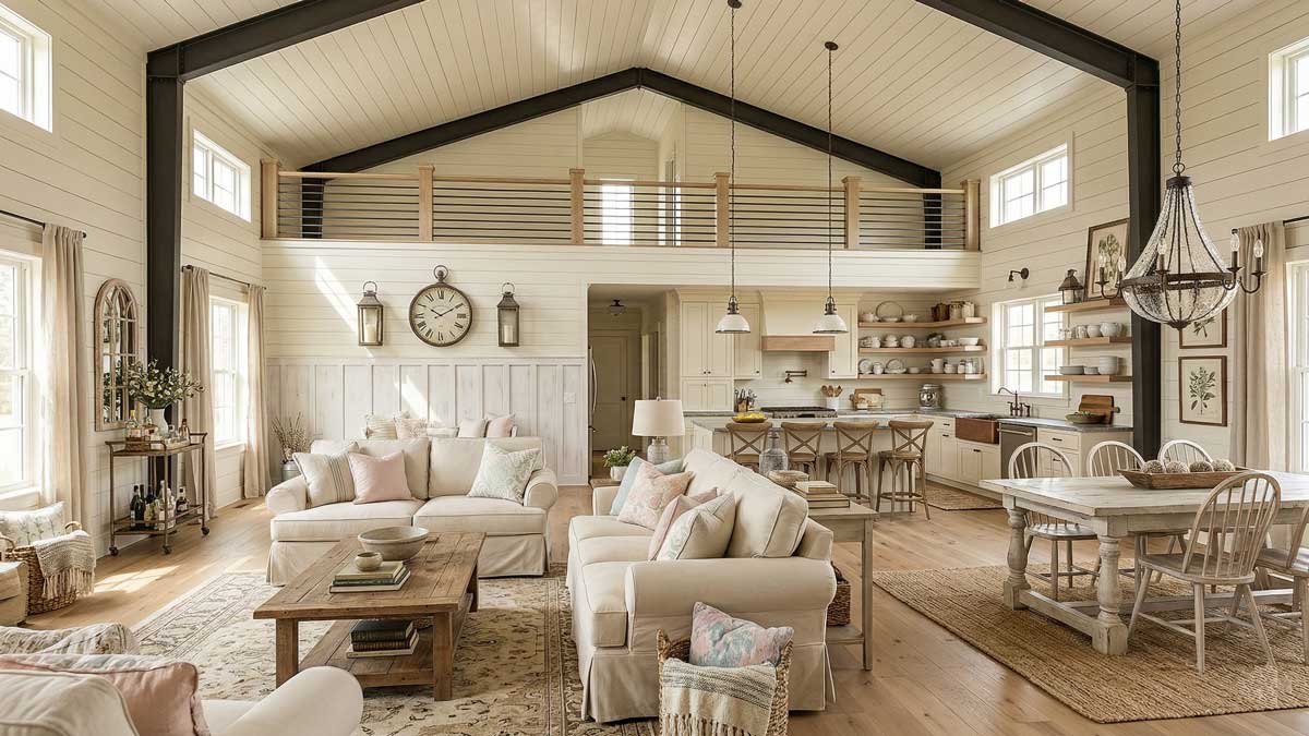 A contemporary barndominium interior with neutral finish and furnishings