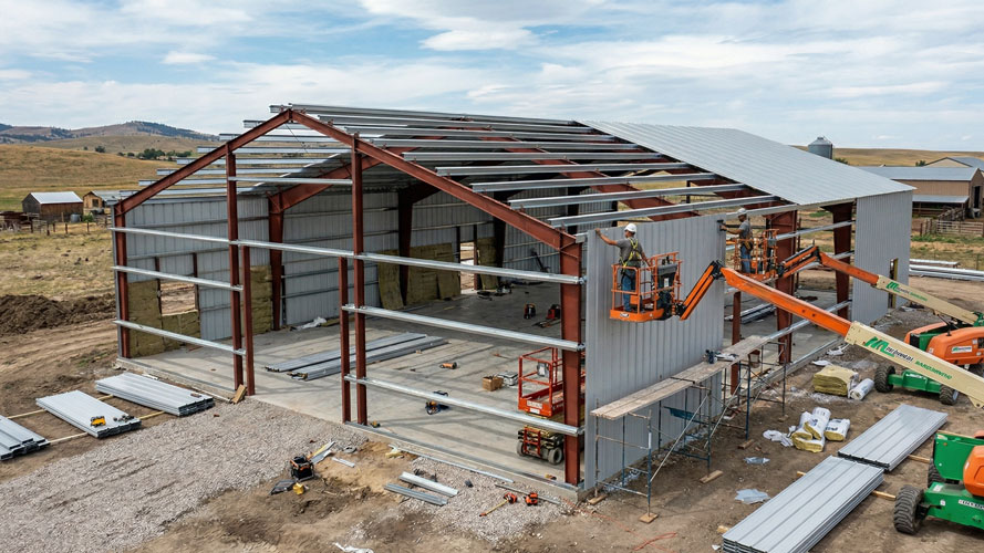 Barndominium steel shell during construction showing metal framing and roof panels