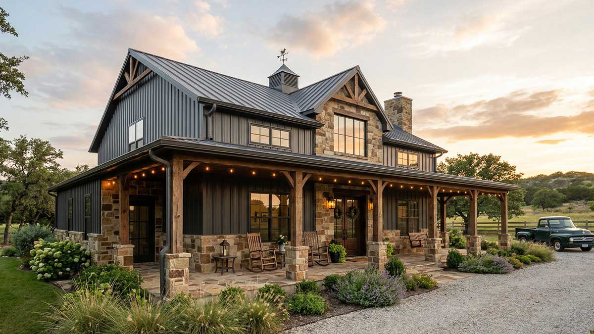 Simple barndominium exterior with metal siding stone accents and covered outdoor space