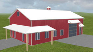 3D design for a two bed barndominium home in red and white