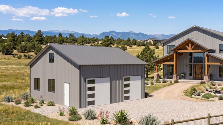 A 30x30 metal double garage building in gray and white