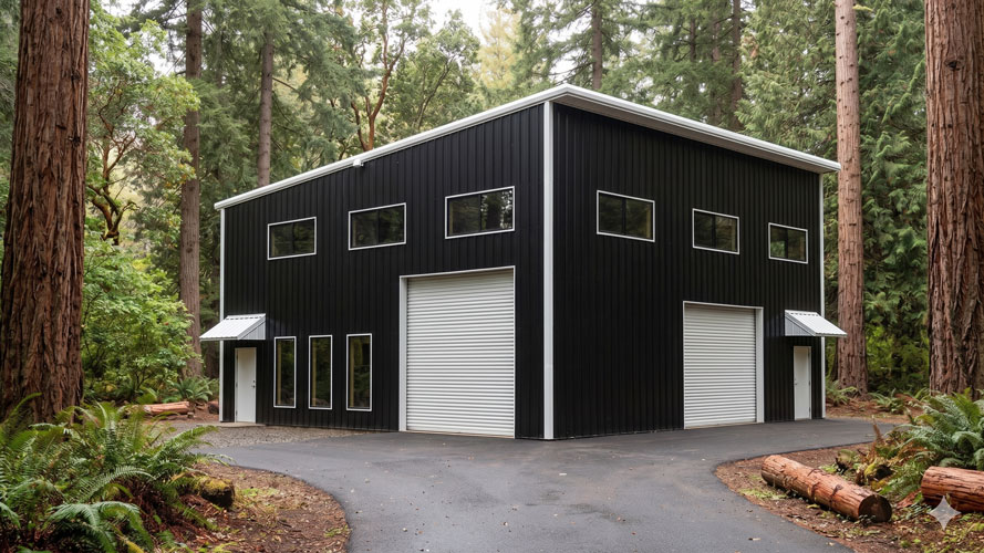 A modern 30x30 metal building with a single slope roof in black and white