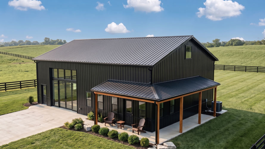 A 30x40 metal building in black with wrap around porch located in rural Kentucky