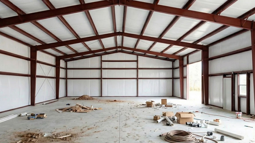 Interior photo of a 30x40 metal building with insulation installed