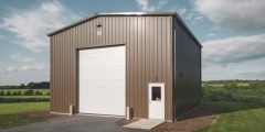 30x30 metal building in brown and white with one overhead garage door and one walk door