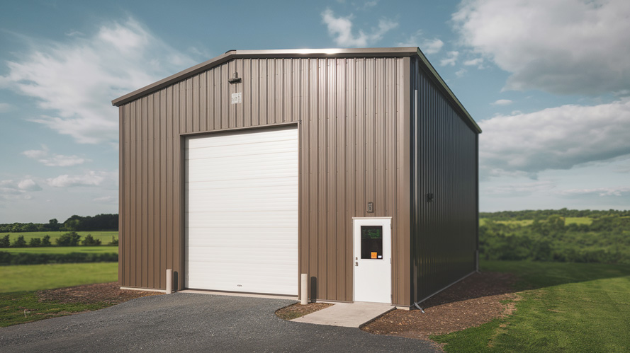 30x30 metal building in brown and white with one overhead garage door and one walk door