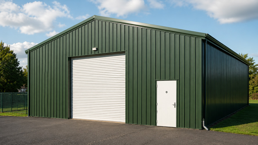 A newly constructed 30x60 metal building in green and white