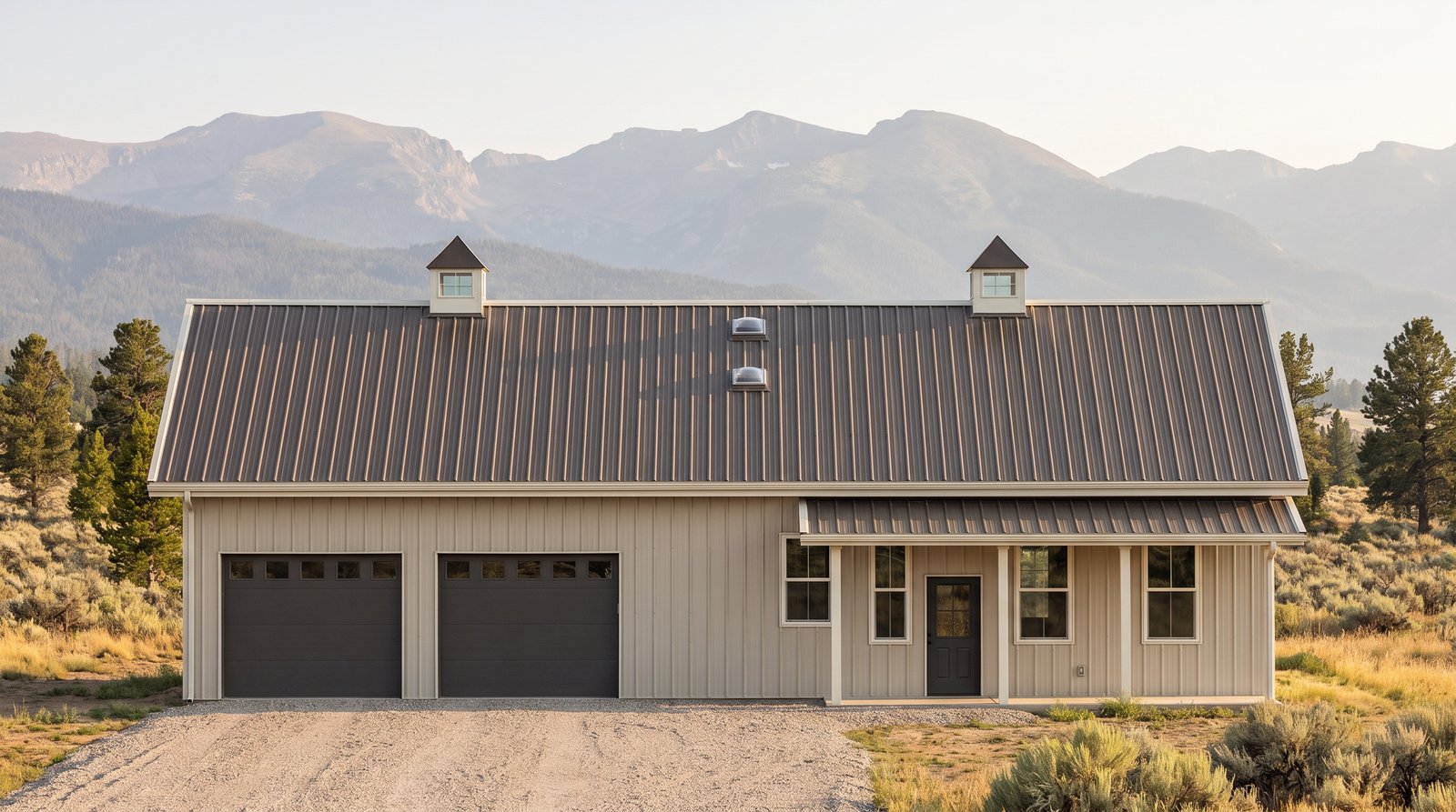 The Alder 40×60 barndominium front elevation (south on the plan), photoreal render: 6:12 gable, the 24 foot front porch, two cupolas and two overhead doors into the 2-car garage