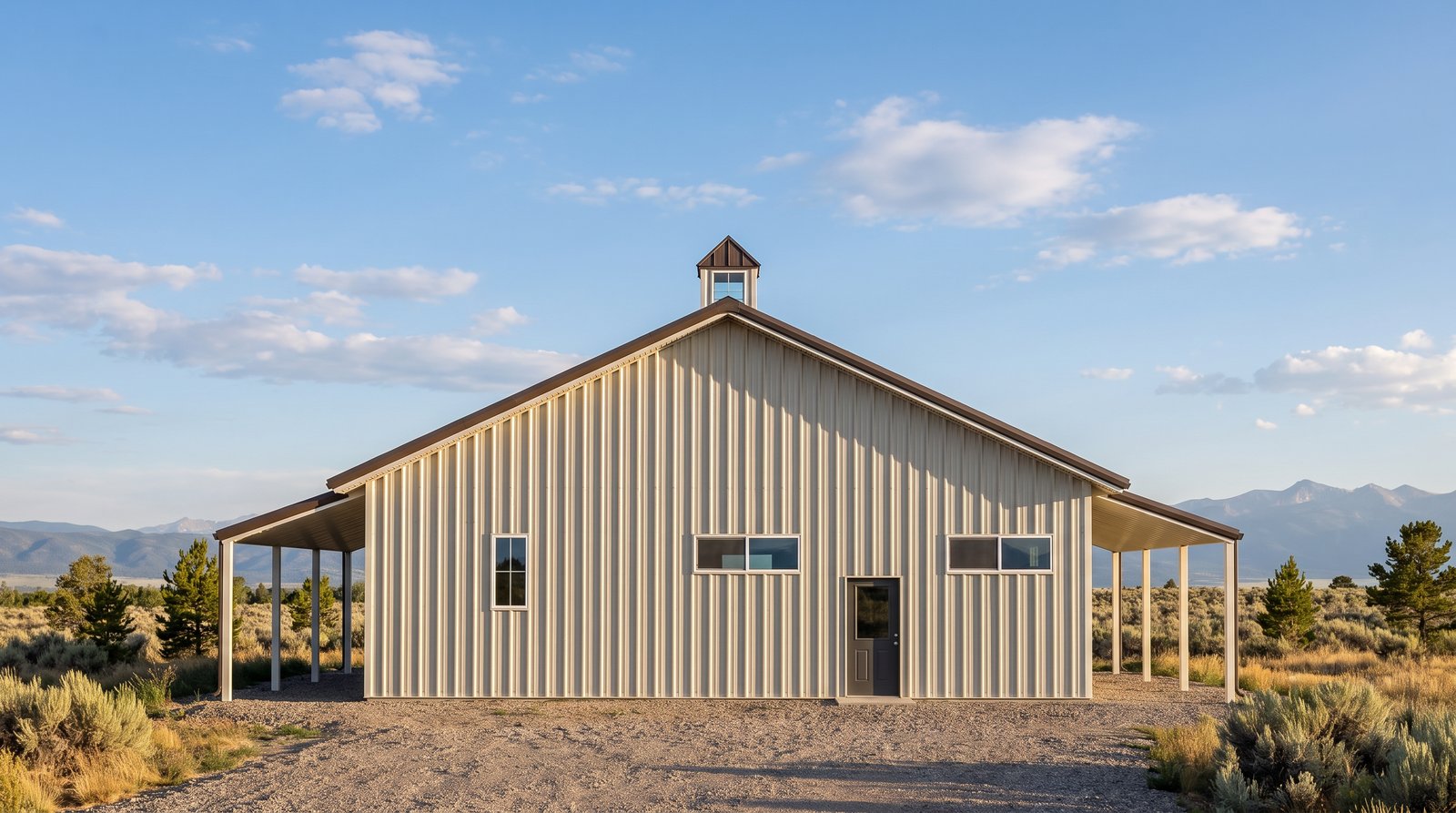 The Alder 40×60 barndominium left gable-end elevation (west on the plan): the 2-car garage end, the front and rear porch roofs at either side